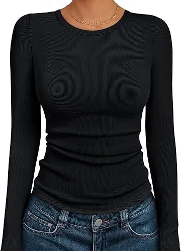 🔥6- PACK Women's Long Sleeve Blouses Shirts with Ribbed Knit Work Office Basic Tops
